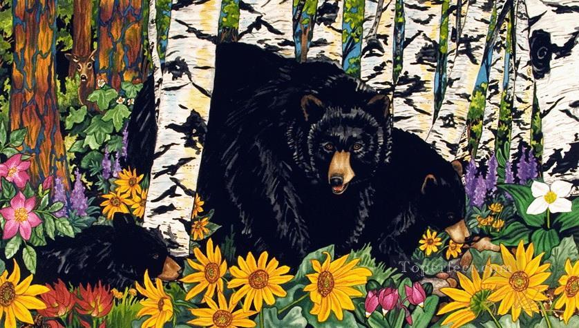 Camas Creek Bears behind birch Oil Paintings